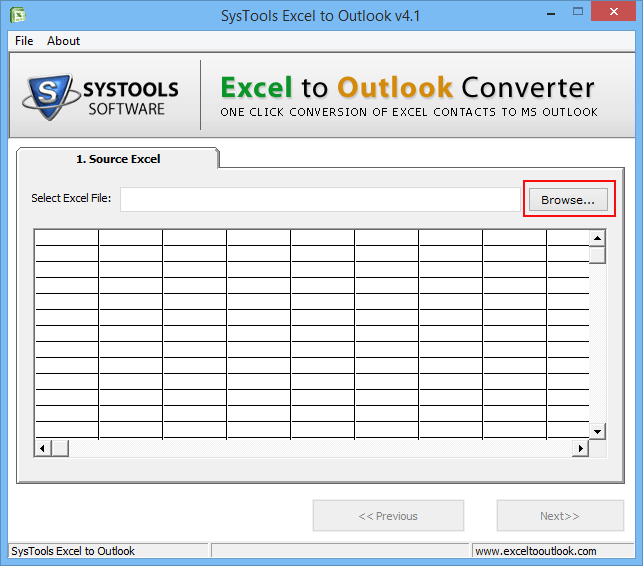 browse xls, xlsx file within Excel to Outlook Converter
